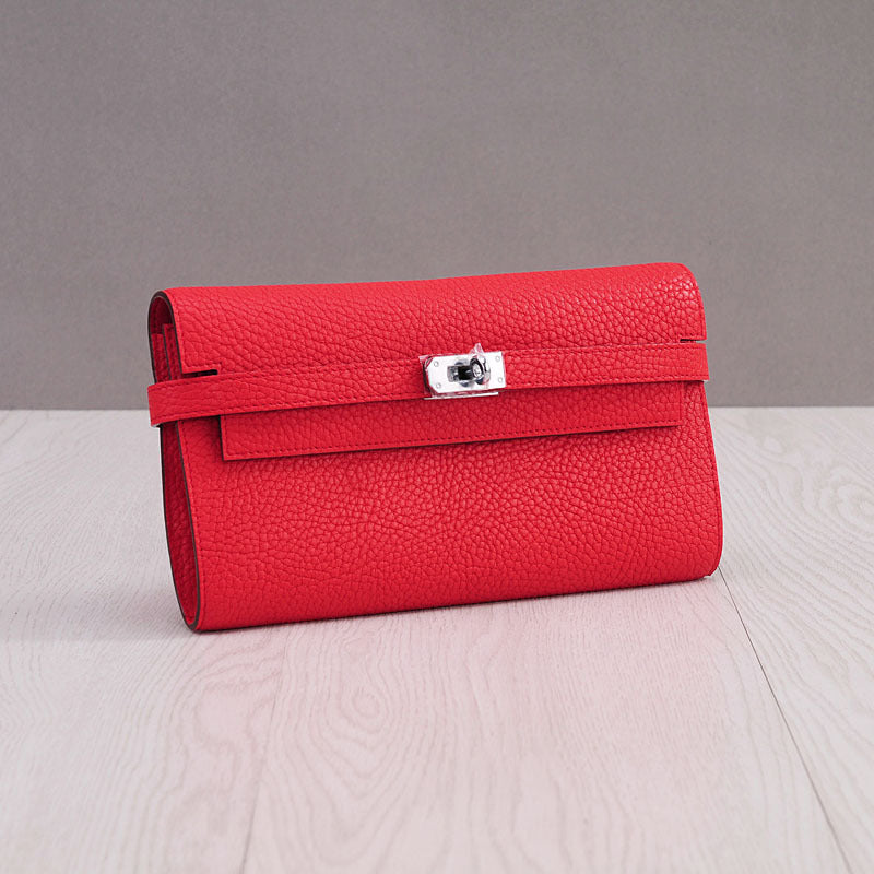 Genuine Top Layer Cowhide Long Wallet for Women, New Minimalist Pebbled Leather Clutch Purse, Fashionable Birkin-Kelly Style Handbag for Ladies
