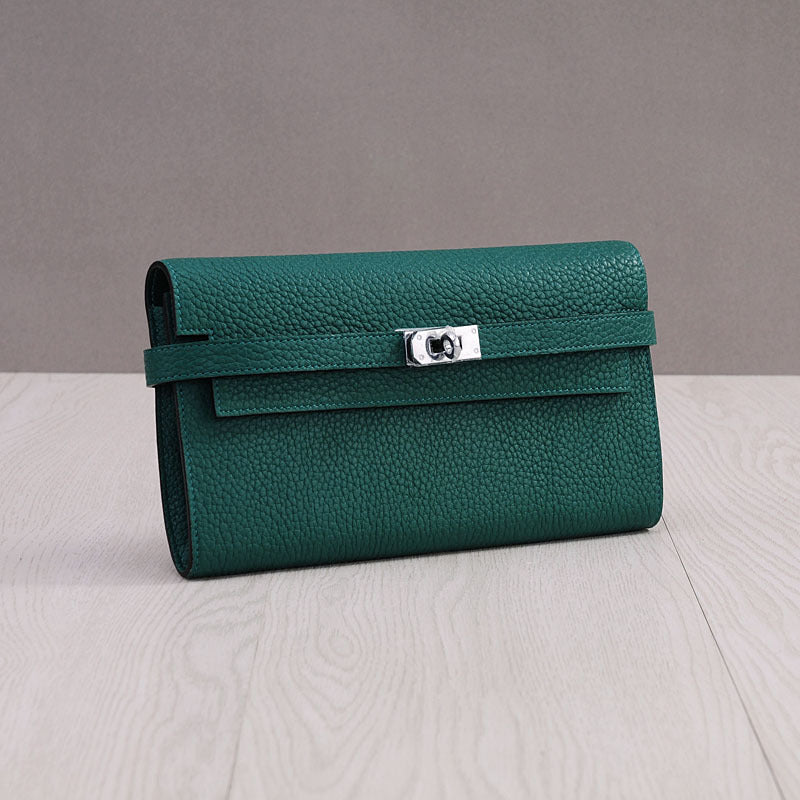 Genuine Top Layer Cowhide Long Wallet for Women, New Minimalist Pebbled Leather Clutch Purse, Fashionable Birkin-Kelly Style Handbag for Ladies