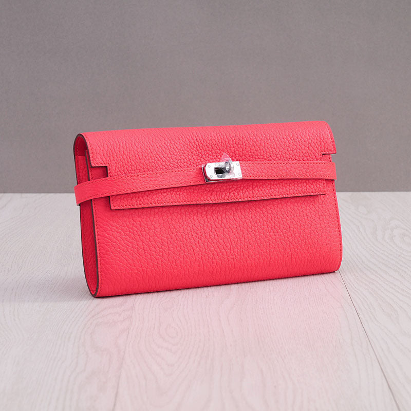 Genuine Top Layer Cowhide Long Wallet for Women, New Minimalist Pebbled Leather Clutch Purse, Fashionable Birkin-Kelly Style Handbag for Ladies