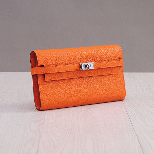 Genuine Top Layer Cowhide Long Wallet for Women, New Minimalist Pebbled Leather Clutch Purse, Fashionable Birkin-Kelly Style Handbag for Ladies