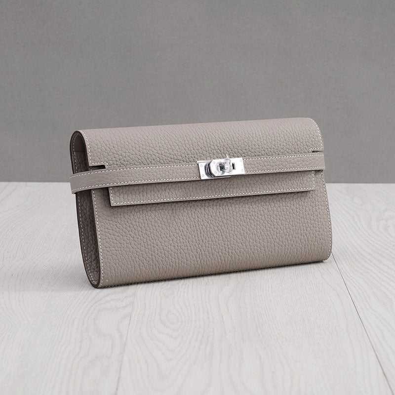 Genuine Top Layer Cowhide Long Wallet for Women, New Minimalist Pebbled Leather Clutch Purse, Fashionable Birkin-Kelly Style Handbag for Ladies