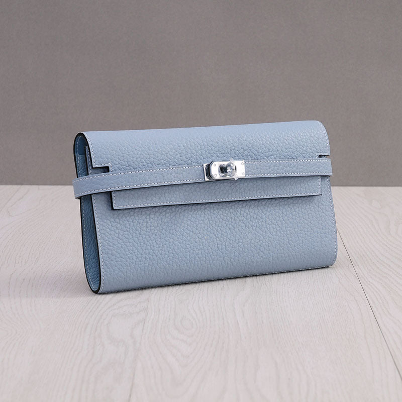 Genuine Top Layer Cowhide Long Wallet for Women, New Minimalist Pebbled Leather Clutch Purse, Fashionable Birkin-Kelly Style Handbag for Ladies