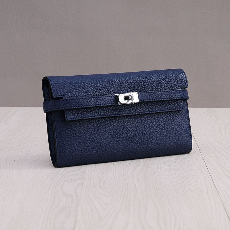 Genuine Top Layer Cowhide Long Wallet for Women, New Minimalist Pebbled Leather Clutch Purse, Fashionable Birkin-Kelly Style Handbag for Ladies
