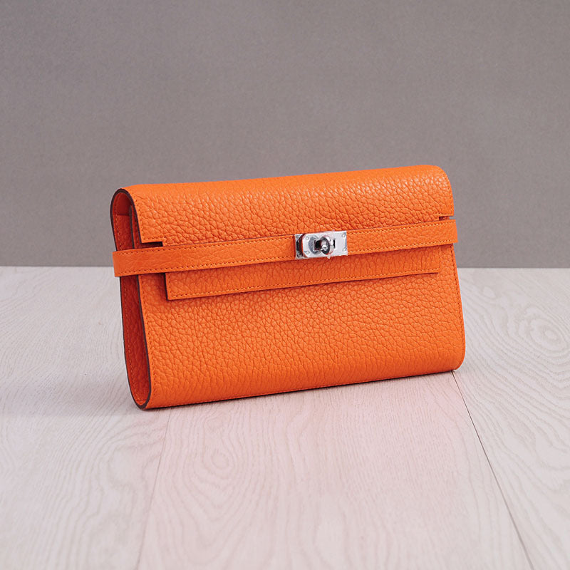 Genuine Top Layer Cowhide Long Wallet for Women, New Minimalist Pebbled Leather Clutch Purse, Fashionable Birkin-Kelly Style Handbag for Ladies
