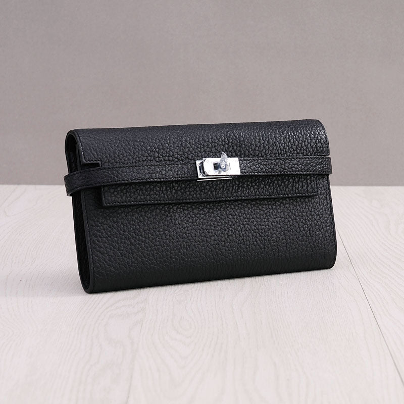 Genuine Top Layer Cowhide Long Wallet for Women, New Minimalist Pebbled Leather Clutch Purse, Fashionable Birkin-Kelly Style Handbag for Ladies