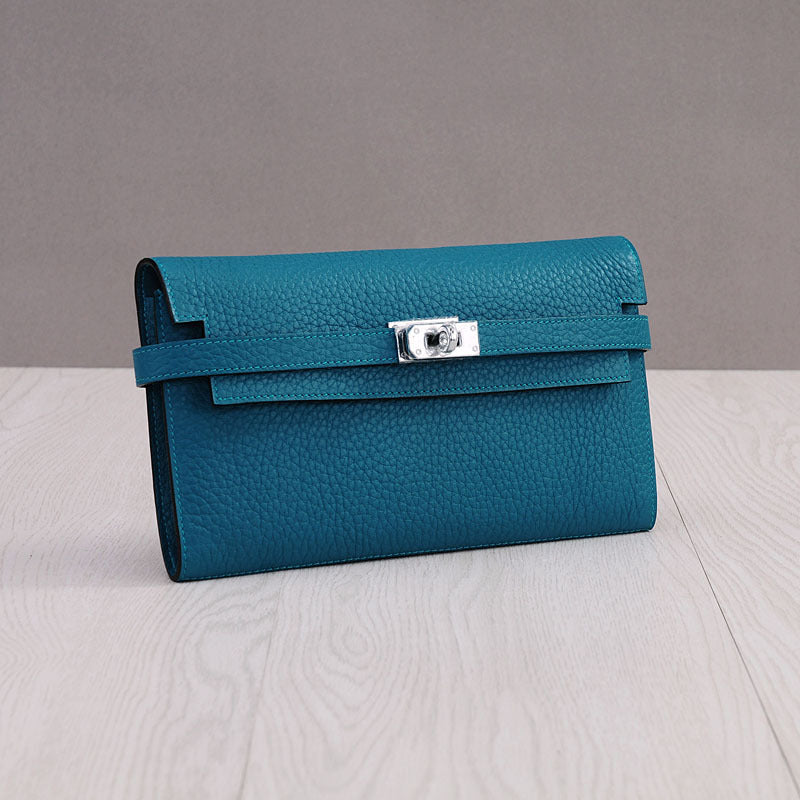 Genuine Top Layer Cowhide Long Wallet for Women, New Minimalist Pebbled Leather Clutch Purse, Fashionable Birkin-Kelly Style Handbag for Ladies