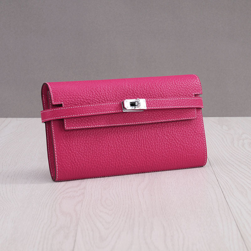 Genuine Top Layer Cowhide Long Wallet for Women, New Minimalist Pebbled Leather Clutch Purse, Fashionable Birkin-Kelly Style Handbag for Ladies