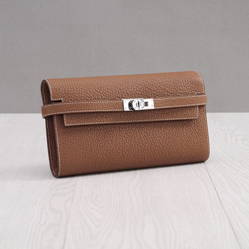 Genuine Top Layer Cowhide Long Wallet for Women, New Minimalist Pebbled Leather Clutch Purse, Fashionable Birkin-Kelly Style Handbag for Ladies