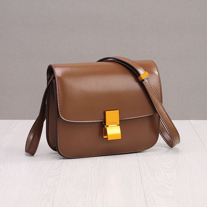 Genuine Cowhide Small Square Crossbody Shoulder Bag for Women, New Vintage Box-Style Purse, Trendy Flight Attendant Handbag for Ladies
