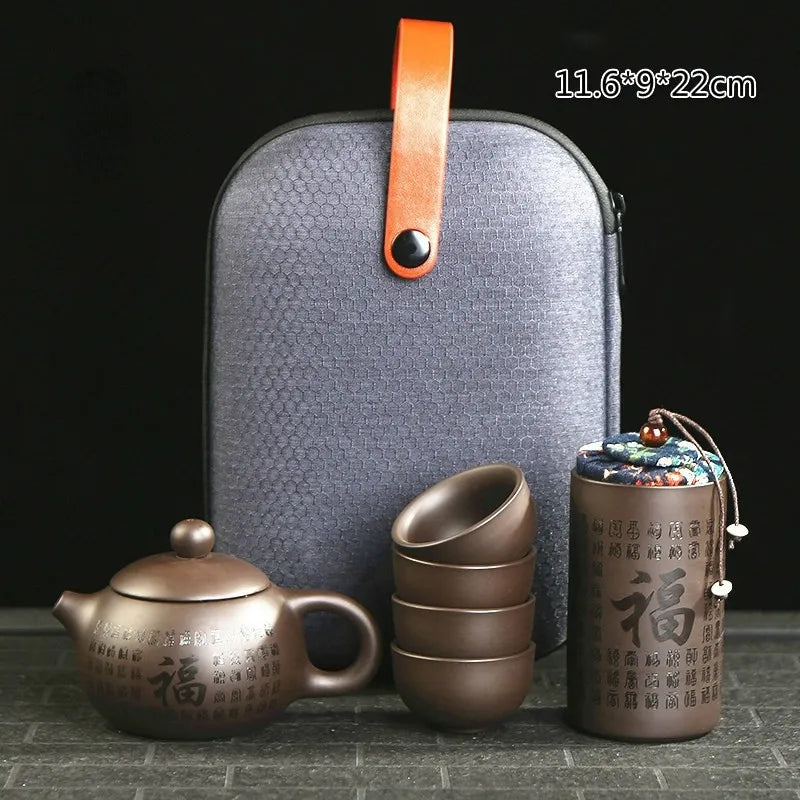 Chinese tea set vintage purple sand tea set Portable Travel Tea Set A pot of four cups Zisha Kung Fu Travel Teapot Gift Set