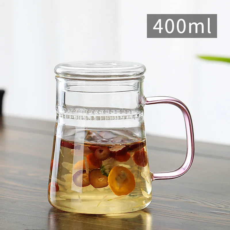 400ml Modern Minimalist Tea Mug Crescent Filter Glass Flower Tea Cup with Handle Lid Glass Office Tea Separation Teacup