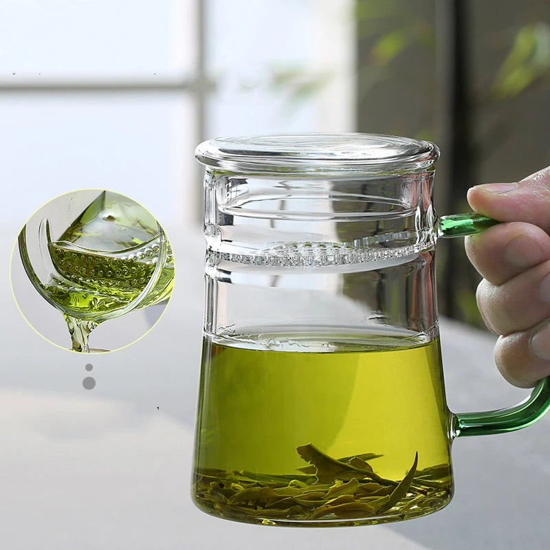 400ml Modern Minimalist Tea Mug Crescent Filter Glass Flower Tea Cup with Handle Lid Glass Office Tea Separation Teacup