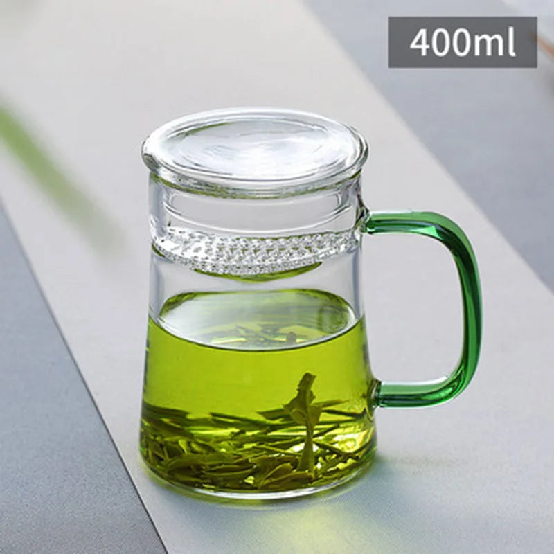 400ml Modern Minimalist Tea Mug Crescent Filter Glass Flower Tea Cup with Handle Lid Glass Office Tea Separation Teacup