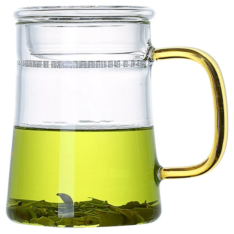 400ml Modern Minimalist Tea Mug Crescent Filter Glass Flower Tea Cup with Handle Lid Glass Office Tea Separation Teacup