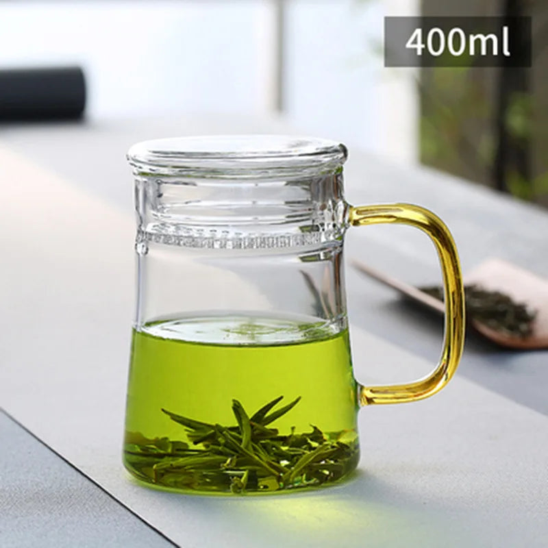 400ml Modern Minimalist Tea Mug Crescent Filter Glass Flower Tea Cup with Handle Lid Glass Office Tea Separation Teacup