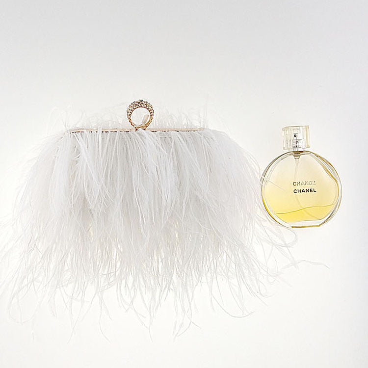 Genuine Ostrich Feather Evening Bag for Women, Fashionable Chain Shoulder Purse, Trendy Clutch Handbag for Parties and Weddings