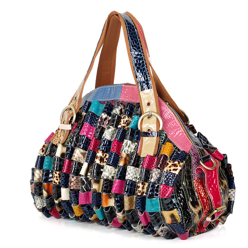Genuine Cowhide Colorful Color Block Snakeskin Handbag for Women, Top Handle Shoulder Crossbody Purse, Trendy Designer Bag for Ladies
