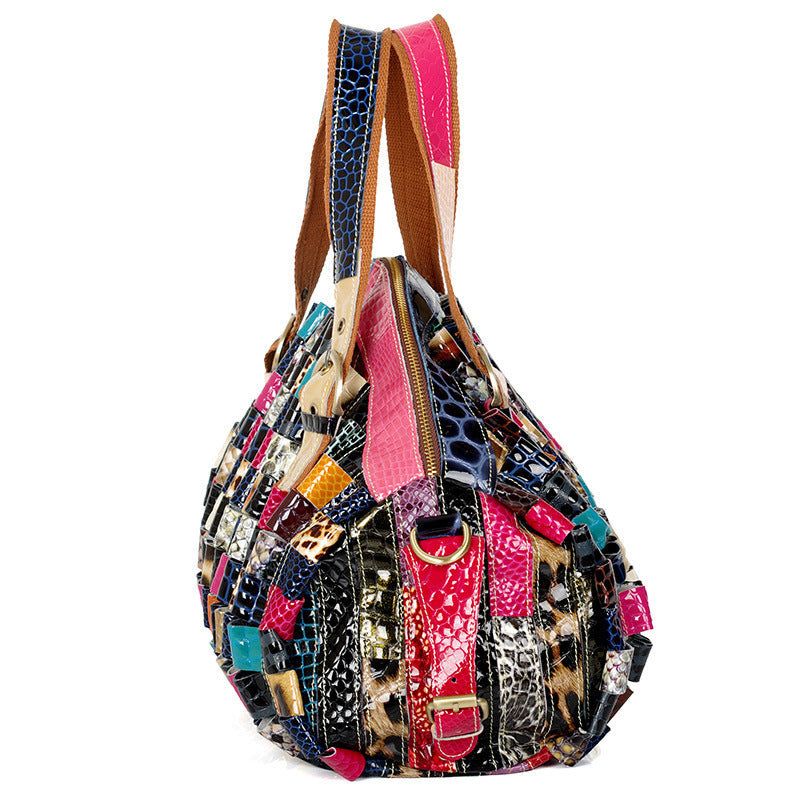 Genuine Cowhide Colorful Color Block Snakeskin Handbag for Women, Top Handle Shoulder Crossbody Purse, Trendy Designer Bag for Ladies