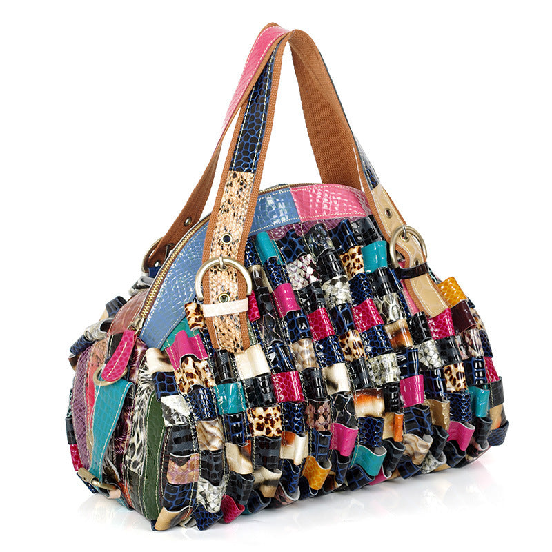 Genuine Cowhide Colorful Color Block Snakeskin Handbag for Women, Top Handle Shoulder Crossbody Purse, Trendy Designer Bag for Ladies