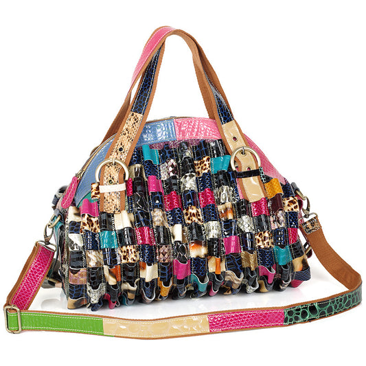Genuine Cowhide Colorful Color Block Snakeskin Handbag for Women, Top Handle Shoulder Crossbody Purse, Trendy Designer Bag for Ladies