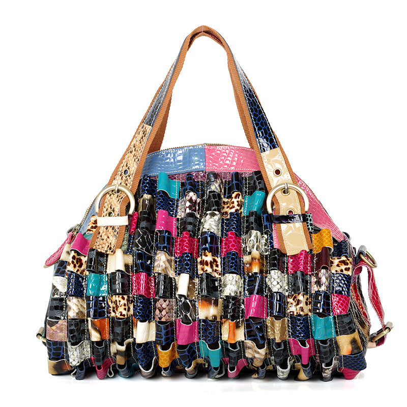 Genuine Cowhide Colorful Color Block Snakeskin Handbag for Women, Top Handle Shoulder Crossbody Purse, Trendy Designer Bag for Ladies