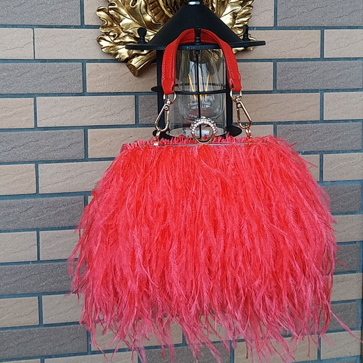 Genuine Ostrich Feather Evening Bag for Women, Fashionable Chain Shoulder Purse, Trendy Clutch Handbag for Parties and Weddings