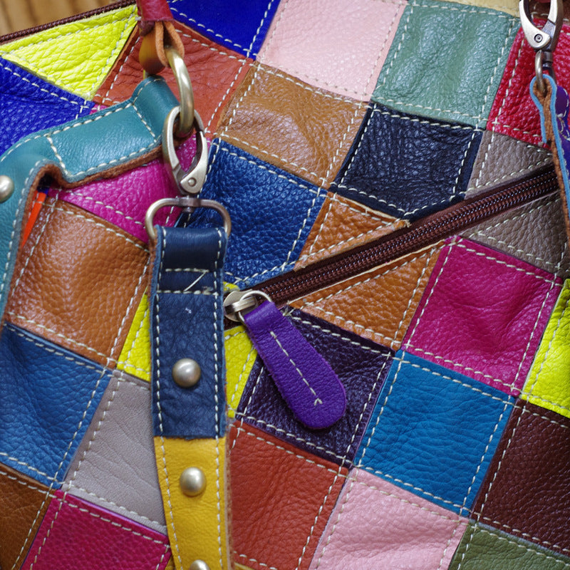Genuine Leather Color Block Handbag for Women, Trendy Niche Design Crossbody Shoulder Bag, New Style Top Handle Purse for Ladies