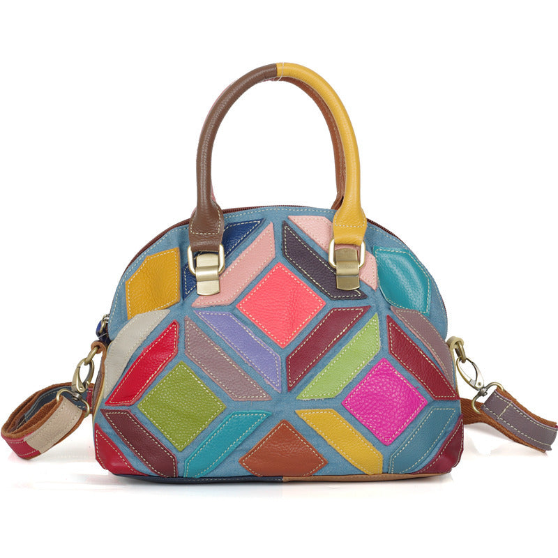 Genuine Cowhide Colorful Handmade Color Block Handbag for Women, New Arrival Casual Denim Style Shoulder Top Handle Purse, Trendy Designer Bag for Ladies