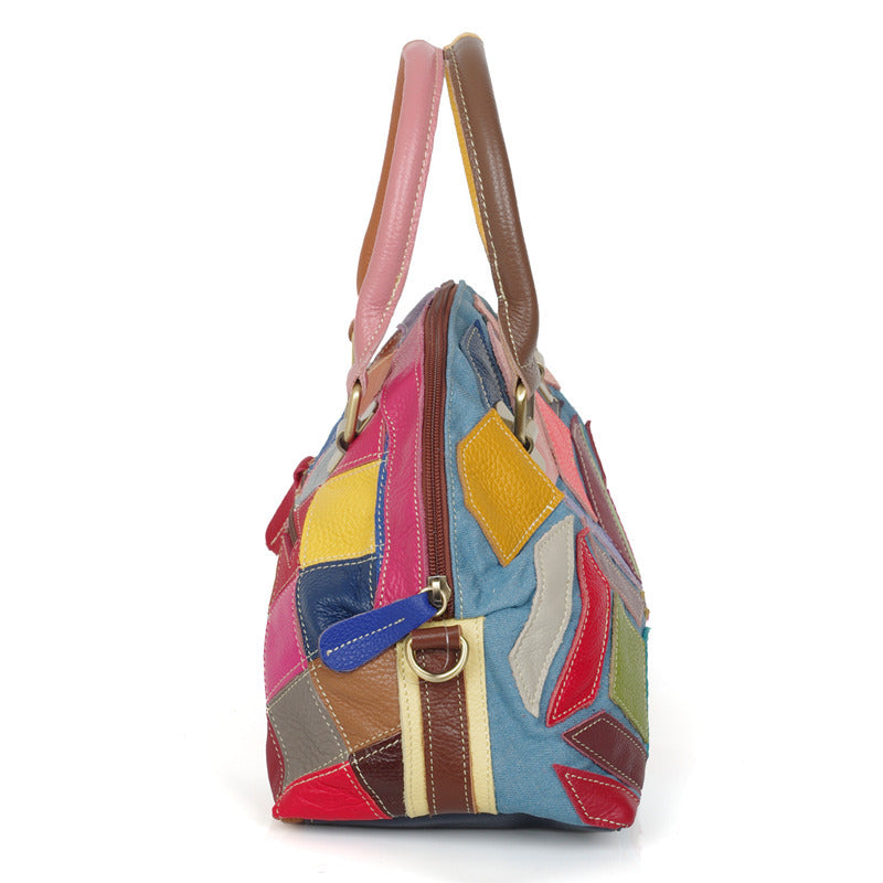 Genuine Cowhide Colorful Handmade Color Block Handbag for Women, New Arrival Casual Denim Style Shoulder Top Handle Purse, Trendy Designer Bag for Ladies