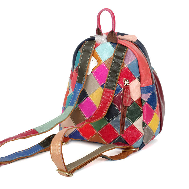 Genuine Leather Multicolor Color Block Geometric Backpack for Women, Handmade Casual Daypack, Trendy Travel Shoulder Bag for Ladies