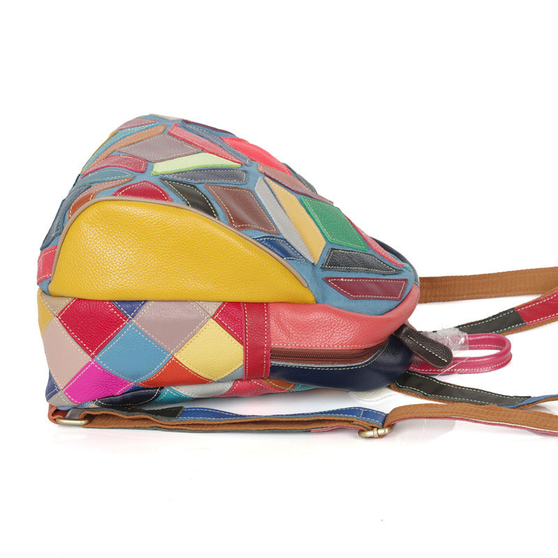 Genuine Leather Multicolor Color Block Geometric Backpack for Women, Handmade Casual Daypack, Trendy Travel Shoulder Bag for Ladies