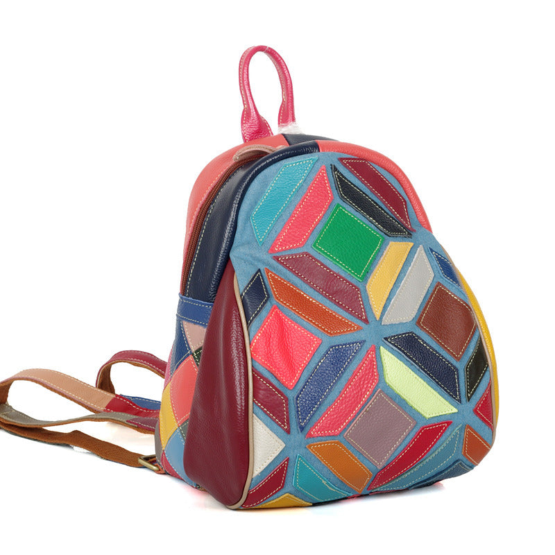 Genuine Leather Multicolor Color Block Geometric Backpack for Women, Handmade Casual Daypack, Trendy Travel Shoulder Bag for Ladies