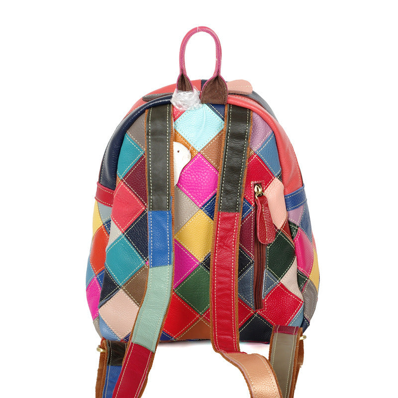 Genuine Leather Multicolor Color Block Geometric Backpack for Women, Handmade Casual Daypack, Trendy Travel Shoulder Bag for Ladies