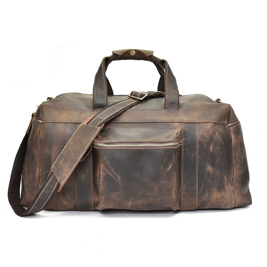 24-Inch Vintage Crazy Horse Leather Travel Bag, Large Capacity Top Handle Duffle, Versatile Shoulder Crossbody Luggage for Men