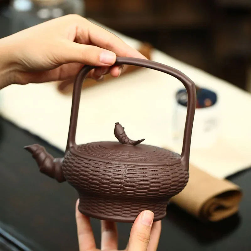 470ML Large Yixing Purple Clay Teapot Bamboo Weaving Zisha Tea Pot Fish Fun Handmade Kung Fu Tea Set Teaware