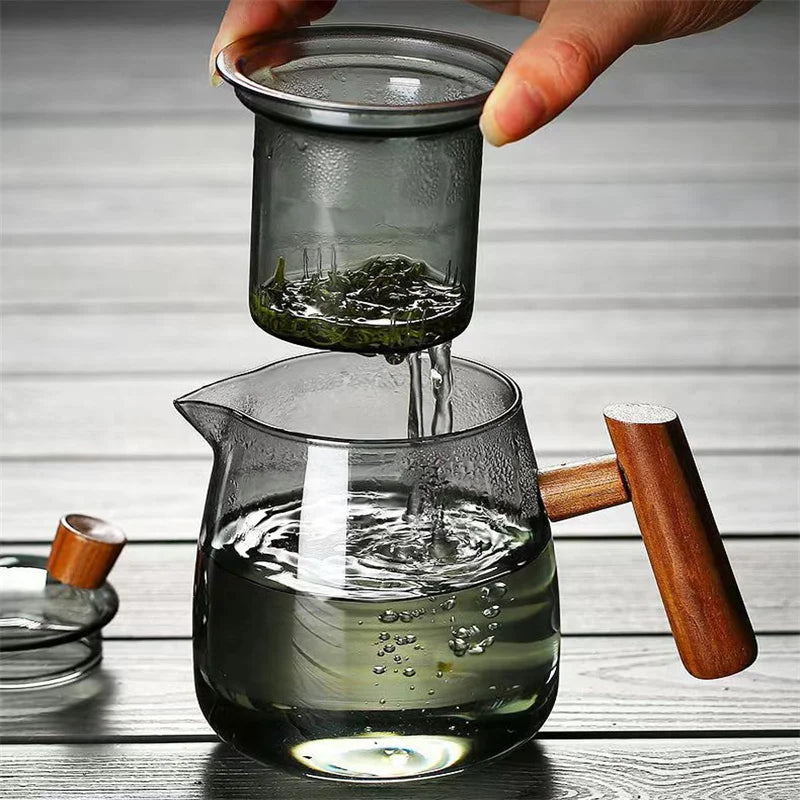 480ML Heat Resistant Glass Teapot With Wood Handle Infuser Heated Container Tea Pot Flower Tea Kettle Tea Maker