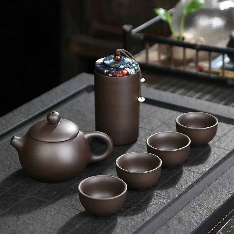 Chinese tea set vintage purple sand tea set Portable Travel Tea Set A pot of four cups Zisha Kung Fu Travel Teapot Gift Set