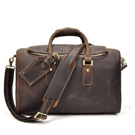 Vintage Crazy Horse Leather Travel Bag for Men, Genuine Top Layer Cowhide Top Handle Luggage, Versatile Crossbody Shoulder Bag
