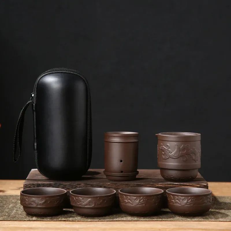 4Pcs Purple Clay Tea Cups 1Piece Teapot & Tea Filter All in A Portable Bag Chinese Tea Culture KungFu Tea Set Travel Tea Bag