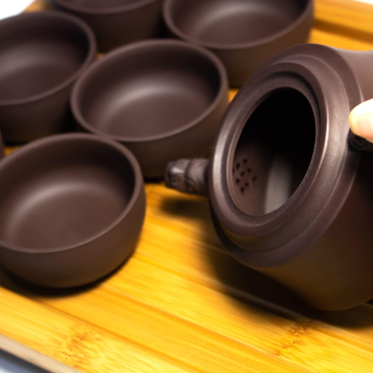 Dahlia Zisha 7 Pcs Gongfu Tea Set in Gift Box (Tea Pot + 6 Tea Cups), Bamboo