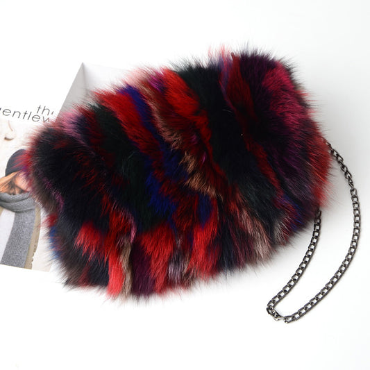 New Fashion Fox Fur Muff Bag for Women, Warm Fluffy Fur Shoulder Crossbody Purse with Chain Strap, Genuine Fur Handbag for Winter