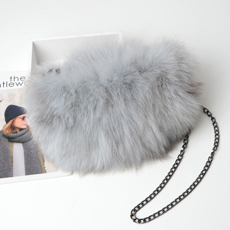 New Fashion Fox Fur Muff Bag for Women, Warm Fluffy Fur Shoulder Crossbody Purse with Chain Strap, Genuine Fur Handbag for Winter