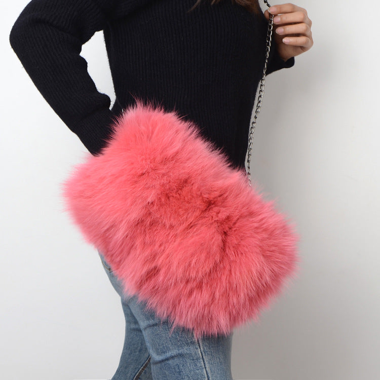 New Fashion Fox Fur Muff Bag for Women, Warm Fluffy Fur Shoulder Crossbody Purse with Chain Strap, Genuine Fur Handbag for Winter