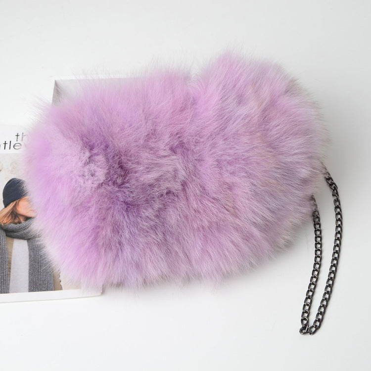 New Fashion Fox Fur Muff Bag for Women, Warm Fluffy Fur Shoulder Crossbody Purse with Chain Strap, Genuine Fur Handbag for Winter