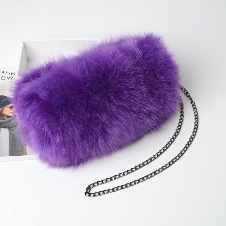 New Fashion Fox Fur Muff Bag for Women, Warm Fluffy Fur Shoulder Crossbody Purse with Chain Strap, Genuine Fur Handbag for Winter