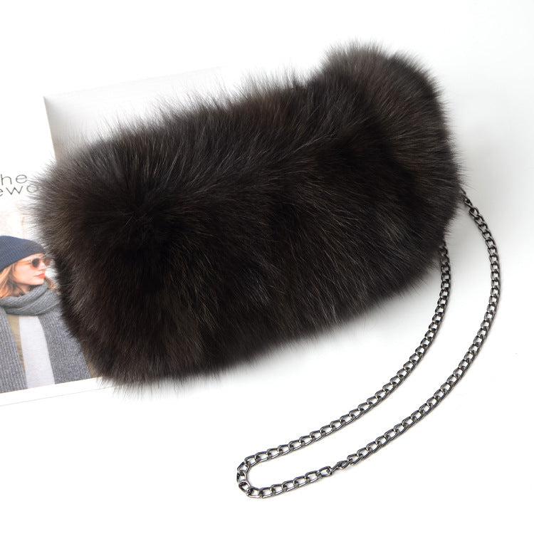 New Fashion Fox Fur Muff Bag for Women, Warm Fluffy Fur Shoulder Crossbody Purse with Chain Strap, Genuine Fur Handbag for Winter
