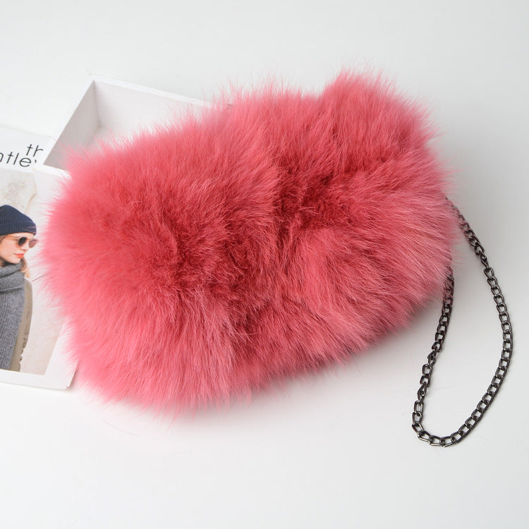 New Fashion Fox Fur Muff Bag for Women, Warm Fluffy Fur Shoulder Crossbody Purse with Chain Strap, Genuine Fur Handbag for Winter