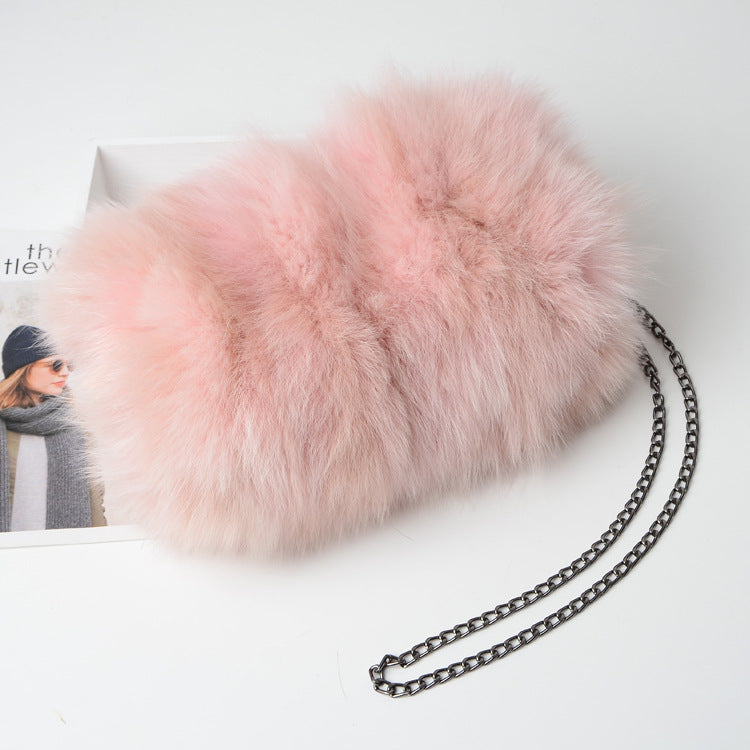 New Fashion Fox Fur Muff Bag for Women, Warm Fluffy Fur Shoulder Crossbody Purse with Chain Strap, Genuine Fur Handbag for Winter