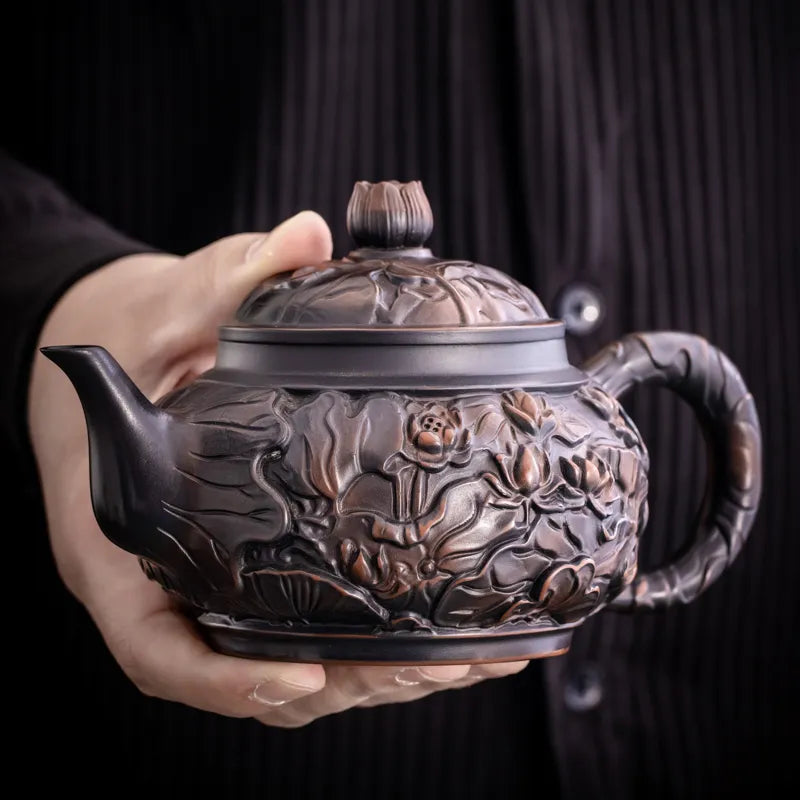 Purple Pottery Teapot Hand Carving Ceramic Drink Pot Kettle Pot Kung Fu Tea Set Pure Teapot Teapot for Tea Puer Tea
