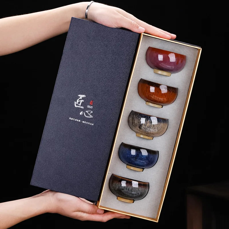 5Pcs/Set Kiln Change Ceramic Tea Cup Set Tea Bowl Kung Fu Tea Set Master Cup Small Teacup Teaware Retro Chinese Tea Set Gift Box